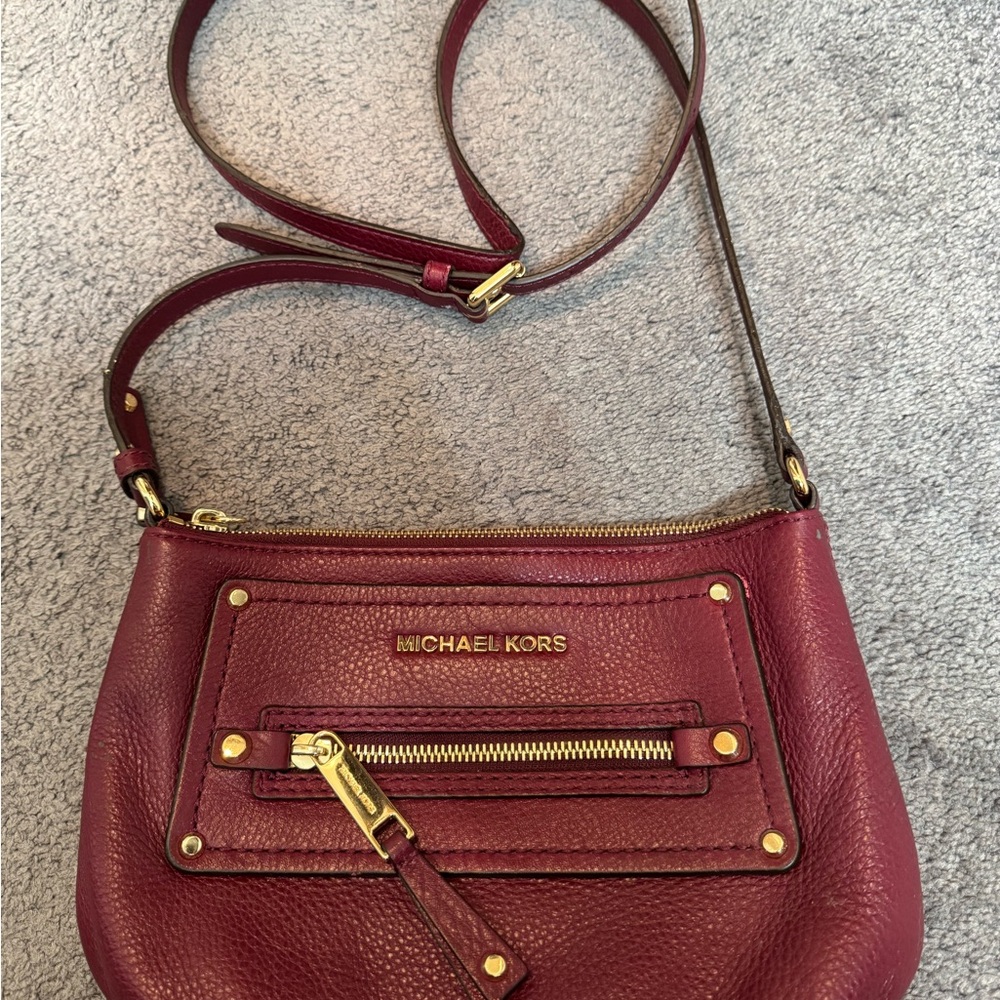 Michael Kors Wine Red Crossbody Bag with Gold Accents